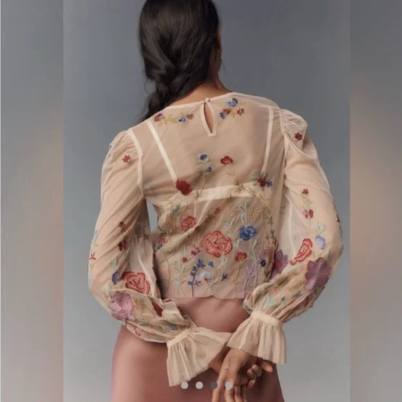 Anthropologie Sheer Floral Embroidered Blouse - Picture 3 of 6
